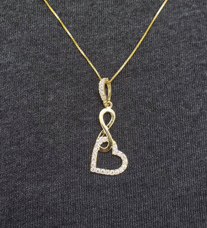 10K Solid Real Yellow Gold Infinity Heart Cz Pendant Charm with Box Chain