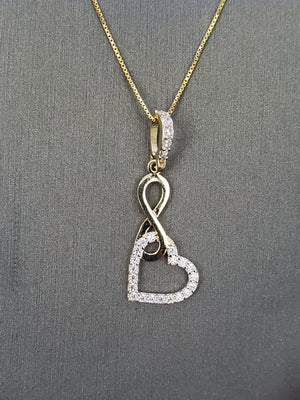 10K Solid Real Yellow Gold Infinity Heart Cz Pendant Charm with Box Chain