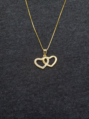 10K Solid Real Yellow Gold Two Heart Cz Pendant Charm with Box Chain