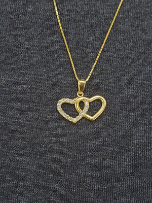10K Solid Real Yellow Gold Two Heart Cz Pendant Charm with Box Chain