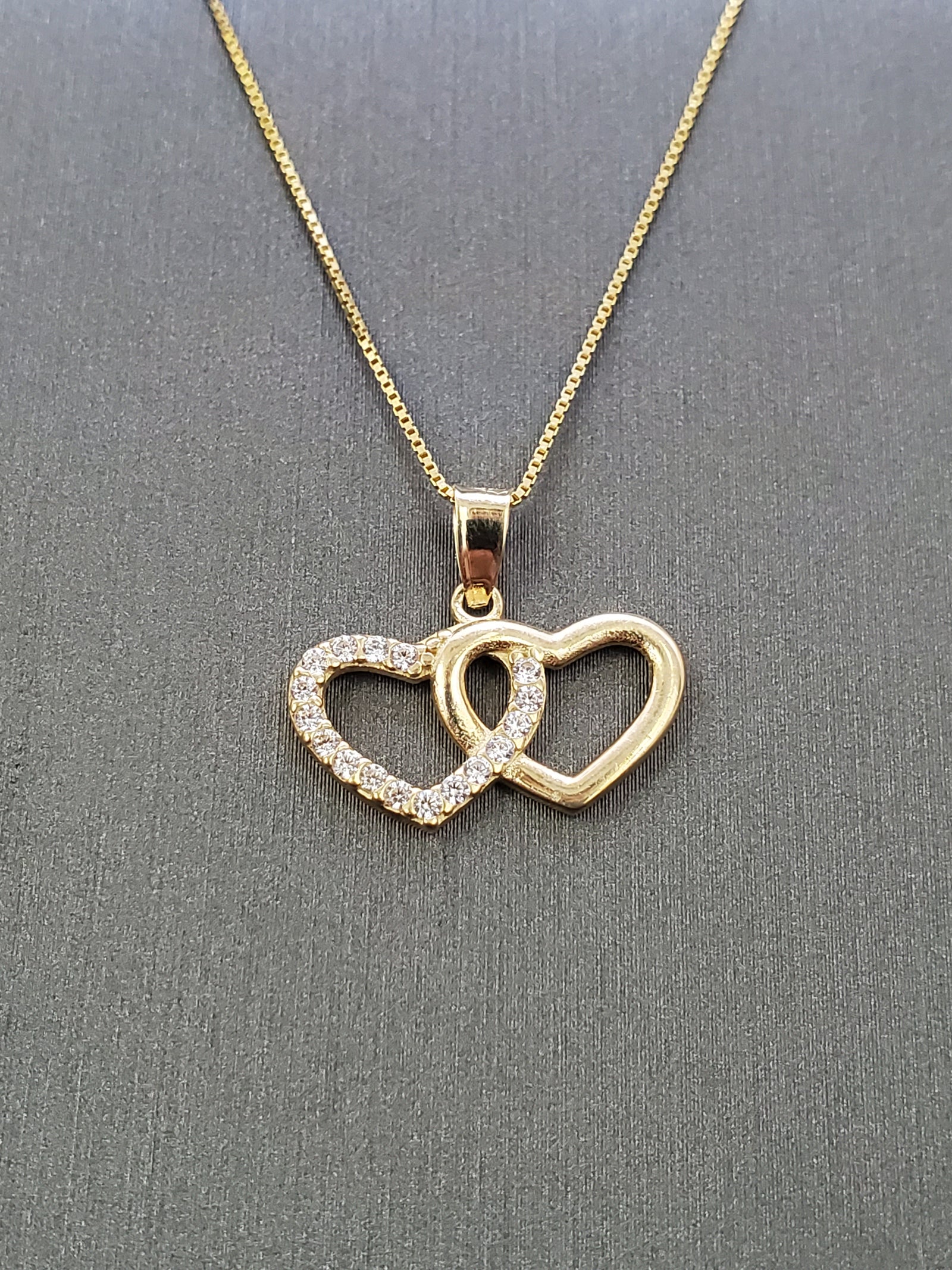 10K Solid Real Yellow Gold Two Heart Cz Pendant Charm with Box Chain