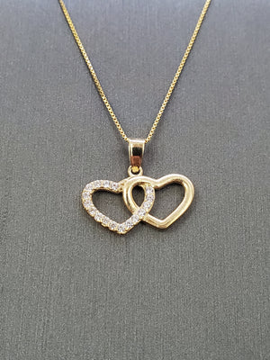 10K Solid Real Yellow Gold Two Heart Cz Pendant Charm with Box Chain
