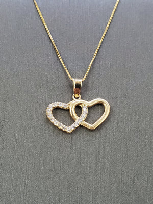 10K Solid Real Yellow Gold Two Heart Cz Pendant Charm with Box Chain