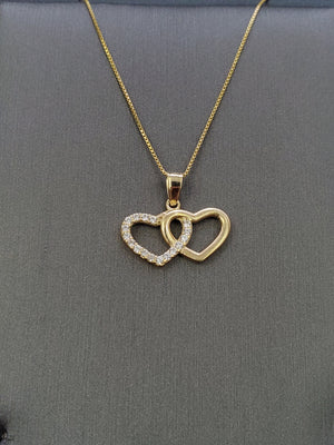 10K Solid Real Yellow Gold Two Heart Cz Pendant Charm with Box Chain