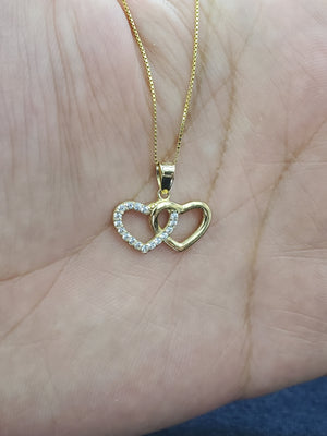 10K Solid Real Yellow Gold Two Heart Cz Pendant Charm with Box Chain