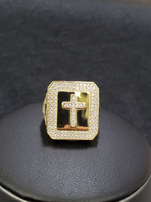 Real 10K Solid Yellow Gold Cross Cz Men's Ring