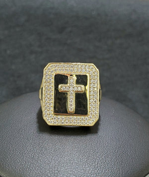 Real 10K Solid Yellow Gold Cross Cz Men's Ring