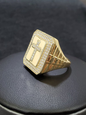 Real 10K Solid Yellow Gold Cross Cz Men's Ring