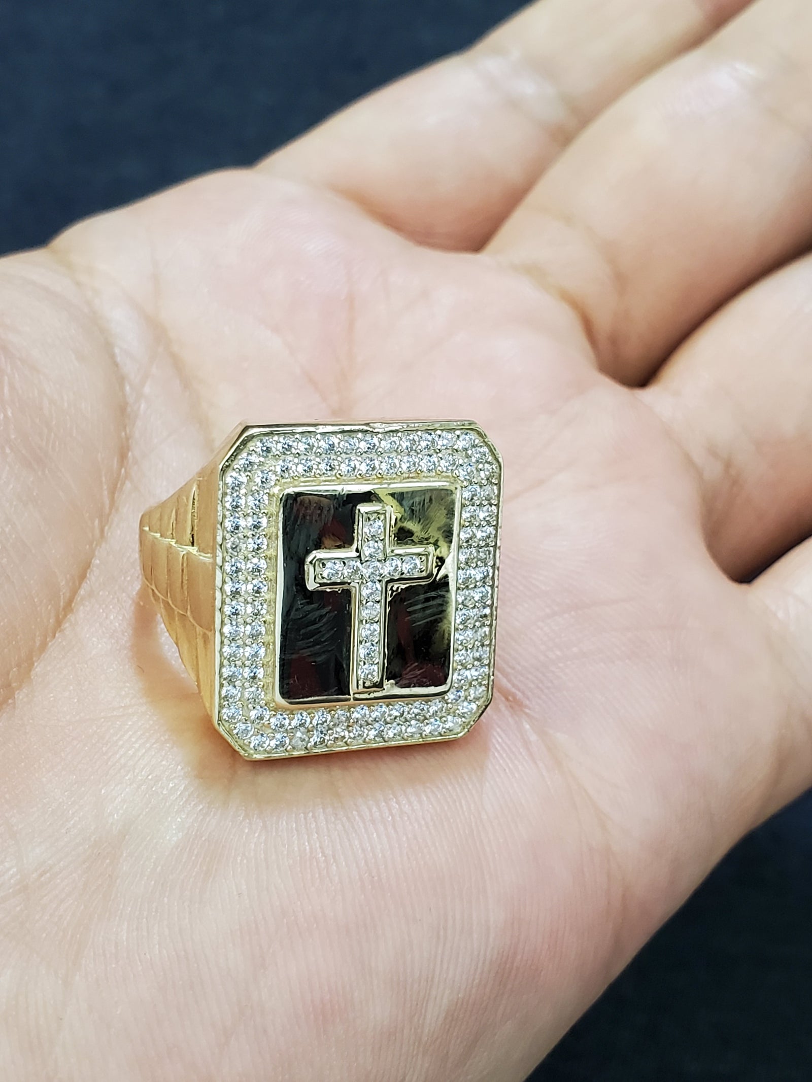 Real 10K Solid Yellow Gold Cross Cz Ring