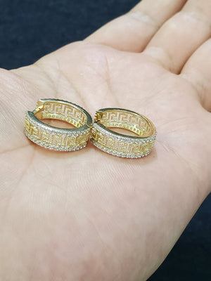 10K Solid Yellow Gold Cz Greek Endless Hoop Earrings