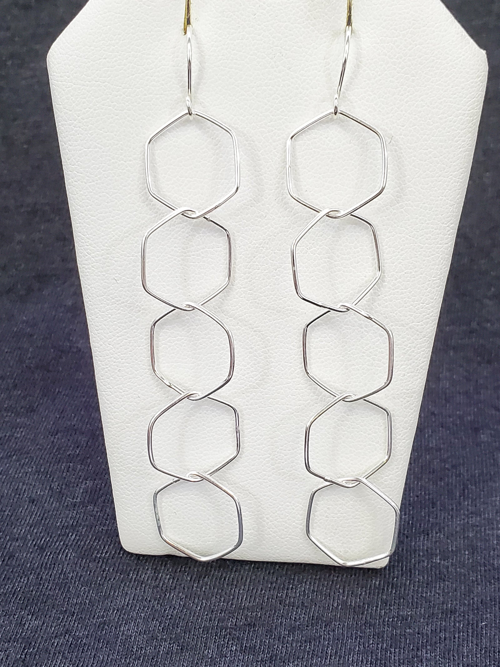 925 Sterling Silver Hexagon Shape Long Earrings