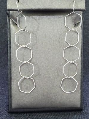 925 Sterling Silver Hexagone Shape Long Earrings