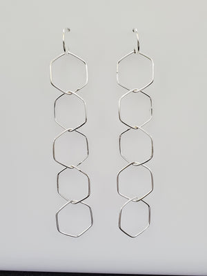 925 Sterling Silver Hexagone Shape Long Earrings