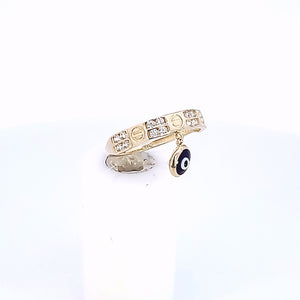 10K Solid Yellow Gold Band With Evil Eye in Navy Blue Ring