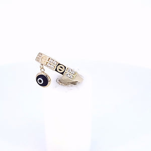 10K Solid Yellow Gold Band With Evil Eye in Navy Blue Ring