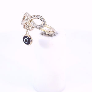 10K Solid Yellow Gold Cz Double Infinity Ring With Navy Blue Evil Eye