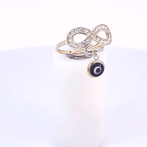 10K Solid Yellow Gold Cz Double Infinity Ring With Navy Blue Evil Eye