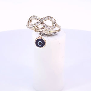 10K Solid Yellow Gold Cz Double Infinity Ring With Navy Blue Evil Eye