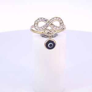 10K Solid Yellow Gold Cz Double Infinity Ring With Navy Blue Evil Eye