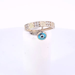10K Solid Yellow Gold Cz Band Ring With Blue Evil Eye