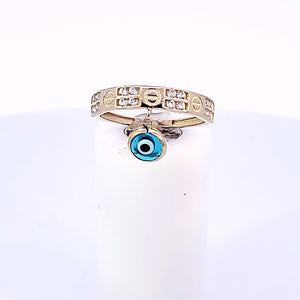 10K Solid Yellow Gold Cz Band Ring With Blue Evil Eye