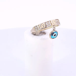 10K Solid Yellow Gold Cz Band Ring With Blue Evil Eye