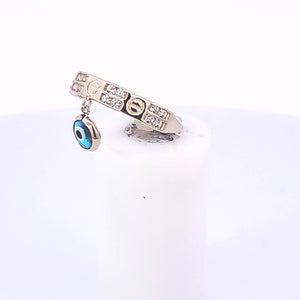 10K Solid Yellow Gold Cz Band Ring With Blue Evil Eye