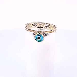10K Solid Yellow Gold Cz Band Ring With Blue Evil Eye