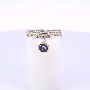 10K Solid Yellow Gold Cz Band Ring With Navy Blue Evil Eye