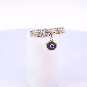 10K Solid Yellow Gold Cz Band Ring With Navy Blue Evil Eye
