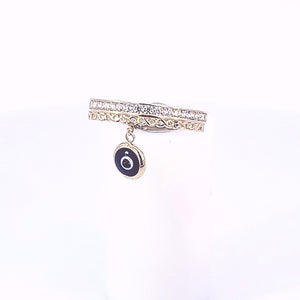10K Solid Yellow Gold Cz Band Ring With Navy Blue Evil Eye