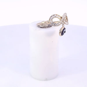10K Solid Yellow Gold Cz Infinity Ring With Navy Blue Evil Eye