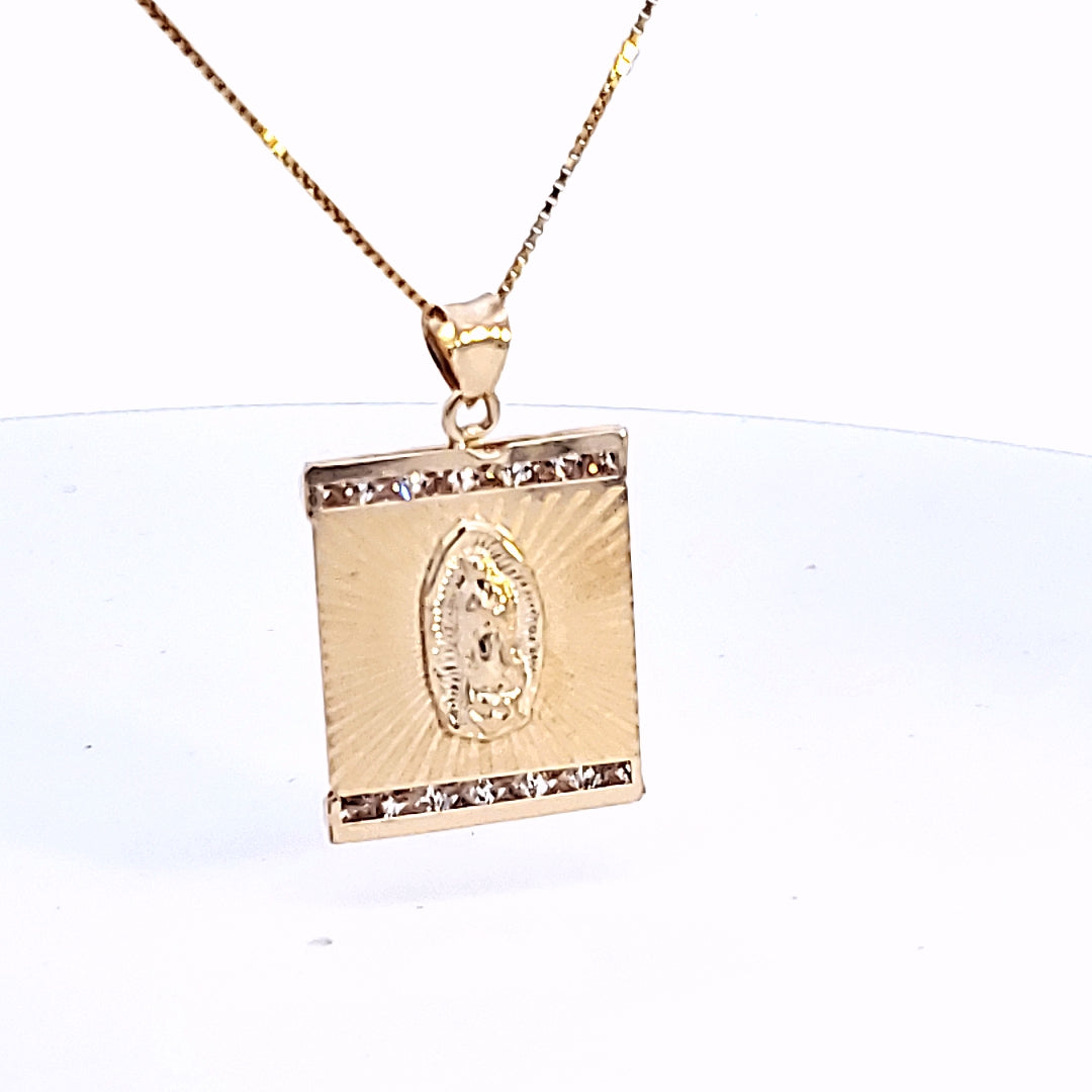 10K Solid Yellow Gold Mother Mary CZ Square Charm with Box Chain