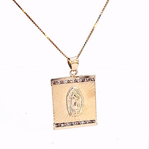 10K Solid Real Yellow Gold Cz Mother Mary Pendant Charm with Box Chain