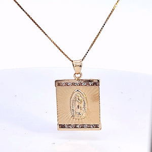 10K Solid Real Yellow Gold Cz Mother Mary Pendant Charm with Box Chain