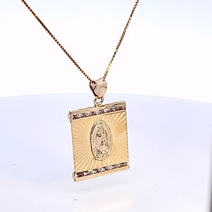 10K Solid Real Yellow Gold Cz Mother Mary Pendant Charm with Box Chain
