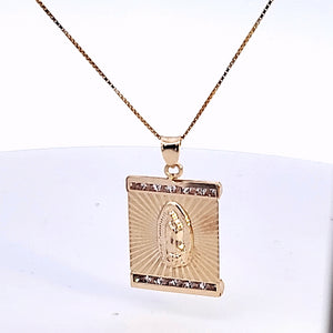 10K Solid Real Yellow Gold Cz Mother Mary Pendant Charm with Box Chain