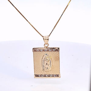 10K Solid Real Yellow Gold Cz Mother Mary Pendant Charm with Box Chain