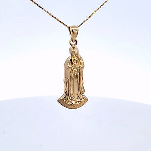 10K Solid Real Yellow Gold Mother Mary Pendant Charm with Box Chain