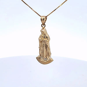 10K Solid Real Yellow Gold Mother Mary Pendant Charm with Box Chain