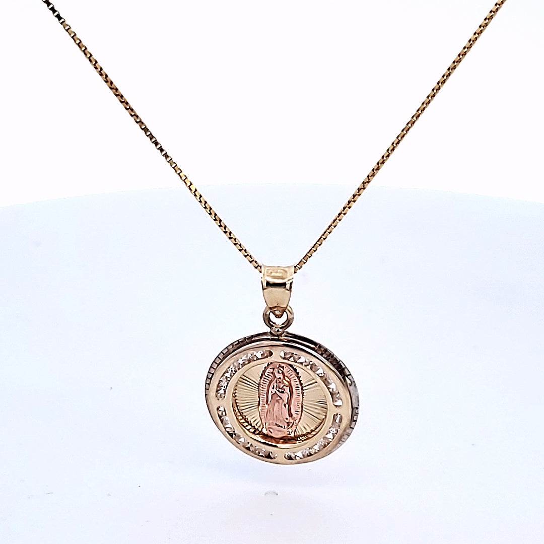 10K Solid Yellow Gold Mother Mary CZ Round Charm with Box Chain