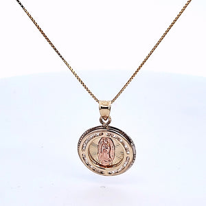 10K Solid Yellow Gold Mother Mary CZ Round Charm with Box Chain