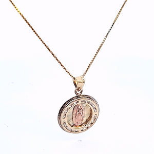 10K Solid Yellow Gold Mother Mary CZ Round Charm with Box Chain