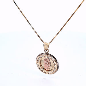10K Solid Yellow Gold Mother Mary CZ Round Charm with Box Chain