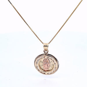 10K Solid Yellow Gold Mother Mary CZ Round Charm with Box Chain
