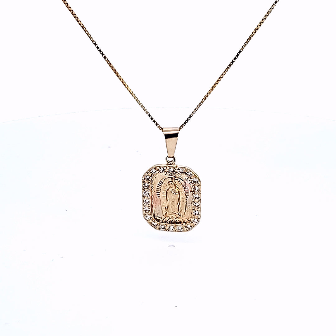 14K Solid Real Yellow Gold Square CZ Mother Mary Pendant Charm with Box Chain
