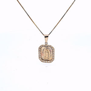 14K Solid Real Yellow Gold Square CZ Mother Mary Pendant Charm with Box Chain