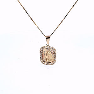 10K Solid Real Yellow Gold Cz Mother Mary Pendant Charm with Box Chain