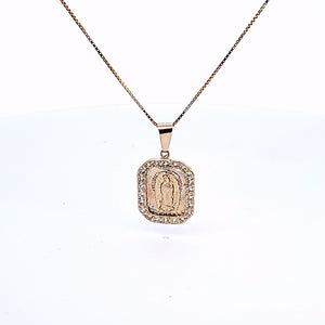 14K Solid Real Yellow Gold Square CZ Mother Mary Pendant Charm with Box Chain