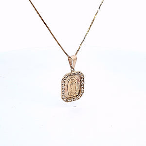 14K Solid Real Yellow Gold Square CZ Mother Mary Pendant Charm with Box Chain